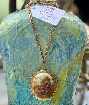 Vintage Porcelain Painted Cameo Necklace